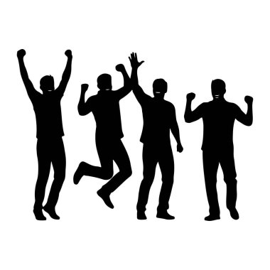 Dört siyah siluetten oluşan bir grup beyaz arka planda dinamik pozlarda tasvir ediliyor. Kollarını kaldırarak ve neşeli ifadelerle kutluyorlar. Zafer ya da başarı anlarını işaret ediyorlar. Bir figür orta atlarken, diğerleri...