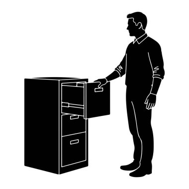 Açık bir dosya dolabının yanında duran siyah bir adam silueti. Sağ eliyle çekmecelerden birine uzanıyor. Dosya dolabında birden fazla çekmece var. Bir tanesi açık ve dosya içeriyormuş gibi görünüyor. Arkaplan düz beyaz.