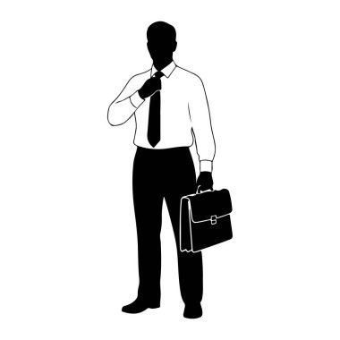 Siyah bir siluet beyaz bir arkaplanda duruyor. O, beyaz yakalı bir gömlek giyiyor, sağ eliyle ayarladığı koyu bir kravat, siyah pantolon ve koyu ayakkabılar. Sol elinde siyah bir evrak çantası tutuyor. Evrak çantası... 