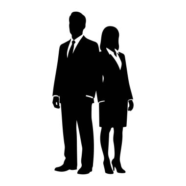 Sırt sırta duran bir adamla bir kadının siyah silueti. İkisi de resmi takım elbise, kravat ve yakalı gömlek giyiyor. Adam solda, kadın da sağda oturuyor. Rakamları, beyaz bir arkaplan karşısında tamamen siyah..