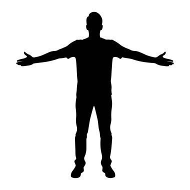 Siyah bir adam silueti kollarını yana doğru uzatmış, avuçlar öne bakıyor. O bir tişört ve pantolon giyiyor. Arkaplan düz beyaz.