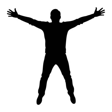 Siyah siluet bir adam tasvir edilir kolları tamamen yana ve hafifçe yukarı doğru açılır. Bacakları bükülüp ayrılmış, bu da sıçrama ya da hareketli bir duruşu işaret ediyor. Günlük giysiler giyiyor, gömlek, pantolon ve ayakkabılar da dahil.