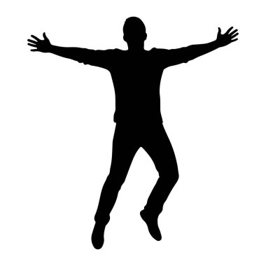 Siyah silueti olan bir adam, kollarını iki yana açıp havada yakalanır. Zıplıyor ya da sıçrıyor gibi görünüyor, bacakları bükük ve hareket halindeymiş gibi pozisyonda. Siluet, düz beyaz bir arkaplan üzerinde durmaktadır.