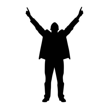 Siyah bir insan silueti kollarını kaldırıp yukarı kaldırır ve işaret eder. Bu figür bir ceket ve pantolon gibi görünen kıyafetler giyiyor. Siluet beyaz bir arkaplanda izole edilmiş..