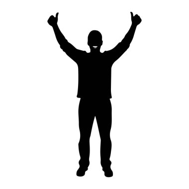 Siyah silueti olan bir adam kollarını başının üstüne kaldırmış, iki baş parmağını kaldırıyor. O günlük kıyafetler giyiyor, bir gömlek ve pantolon gibi görünüyor. Şekil beyaz bir arkaplanda izole edilmiştir..