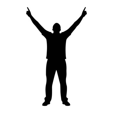 Siyah bir siluet. Kolları yukarıda duran ve iki işaret parmağıyla işaret eden bir adam. O bir tişört ve pantolon giyiyor. Arka plan bembeyaz..