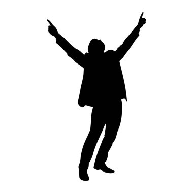 Siyah silueti olan takım elbiseli bir adam kolları havada ve yukarı bakıyor. Kafası geriye doğru eğik ve vücudu açılı hareket ve heyecan gösteriyor. Şekil, düz beyaz bir arkaplanda izole edilmiştir..