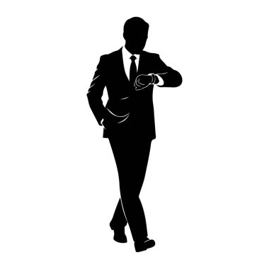 Takım elbiseli ve kravatlı bir adamın siyah silueti belden aşağısı, yürüyor ve kol saatine bakıyor. Arkaplan beyaz.