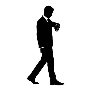 Takım elbiseli bir adamın siyah silueti kol saatine bakarken yürür. Adam sağa bakıyor ve sol kolu dirseğinden bükülmüş, saati kontrol etmek için elini bileğine kaldırmış. Yakalı bir gömlek ve kravat takıyor.