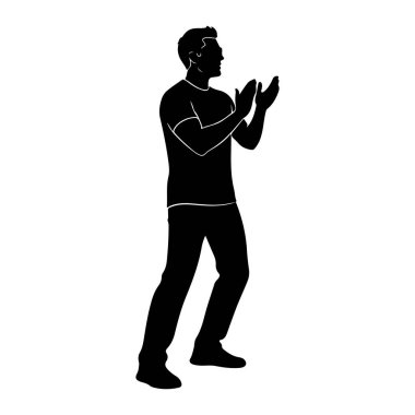 Siyah bir adam silueti elleri havada ve alkışlıyor. O bir tişört ve pantolon giyiyor. Görüntü beyaz bir arkaplanda izole edilmiştir. Silüet, hareket halindeki bir insanın basit bir grafik gösterimidir..