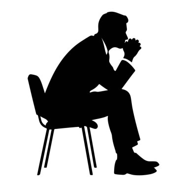 Resmi giysili siyah bir adam silueti bir sandalyede oturmaktadır. O, elleri önünde sıkıca bağlı olarak öne doğru eğiliyor ve çenesi elleri üzerinde dinleniyor, derin düşüncelere dalmış gibi görünüyor. Siluet beyaz bir arkaplanda izole edilmiş..