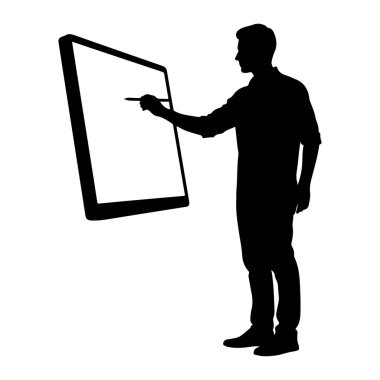 Bir adamın siyah silueti büyük, dikdörtgen bir dijital ekranın sağında duruyor. Sağ elinde bir stil tutuyor ve ekranda çiziyor ya da yazıyor gibi görünüyor. Adam yakalı bir gömlek ve pantolon giyiyordu. Arkaplan p