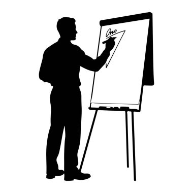 Üç ayaklı sehpada, bir adamın siyah silueti bir tablonun önünde duruyor. Sağ elinde bir işaret tutuyor ve ters tablonun beyaz yüzeyine bir üçgen çiziyor. Adam yakalı bir gömlek ve pantolon giyiyor. Arkaplan ne?