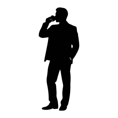 Takım elbiseli bir adamın siyah silueti bir eli cebinde diğeri de ağzına bardak dayamış, sanki içiyormuş gibi duruyor. Görüntü, beyaz arkaplana karşı basit ve izole bir grafiktir..