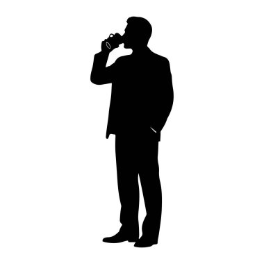 Takım elbiseli bir adamın siyah silueti bir eli cebinde diğeri de dudaklarına bir bardak tutarak su içiyormuş gibi görünür. Arkaplan beyaz.