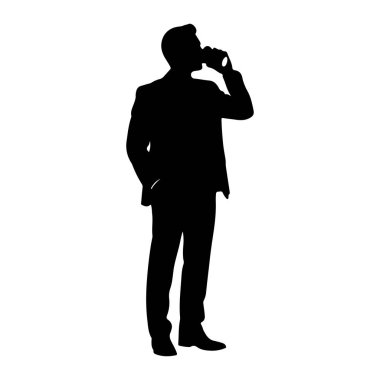 Takım elbiseli bir adamın siyah silueti bir eli cebinde duruyor, ağzına bir bardak dayayıp içiyor. Arkaplan düz beyaz.