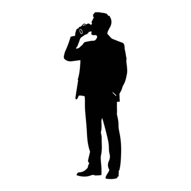 Takım elbiseli bir adamın siyah silueti bir eli cebinde diğeri ise dudaklarına bardak dayayıp içiyor. Şekil beyaz bir arkaplanda izole edilmiştir..