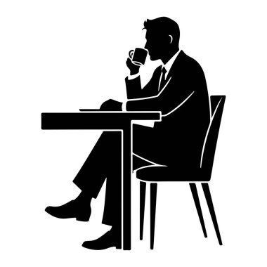 Takım elbiseli ve kravatlı bir adamın siyah bir silueti masada oturuyor, dudaklarına bardak dayayıp içiyor. Bacak bacak üstüne atmış bir sandalyede oturuyor. Resim, beyaz bir arkaplana karşı basit bir grafik gösterimidir.