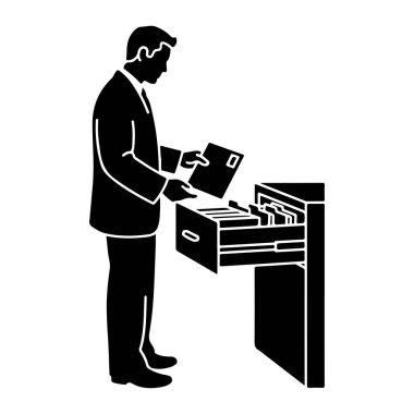 Takım elbiseli bir adamın siyah silueti açık bir dosya dolabının çekmecesinin yanında duruyor. Elinde bir klasör tutuyor ve diğer klasörlerle dolu olan çekmeceye yerleştiriyor ya da alıyor gibi görünüyor..