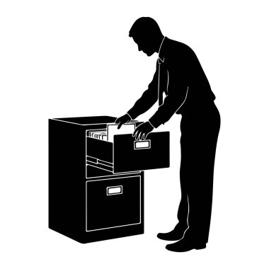 Profesyonel kıyafetli, gömlek ve kravat takan bir adamın siyah silueti iki çekmeceli dosya dolabıyla etkileşime giriyor. Üst çekmece açık ve adamın elleri içeri uzanıyor. Belgeleri dolduruyor ya da alıyor gibi görünüyor. Şey...