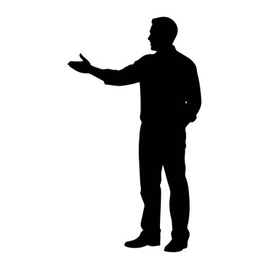 Profilde solda duran siyah bir siluet. O yakalı bir gömlek, pantolon ve ayakkabı giyiyor. Sol kolu avuç içi açık şekilde ileri doğru uzanıyor, sanki el hareketi yapıyor ya da bir şey gösteriyor gibi. Sağ eli pantolonunun cebine sıkışmış.