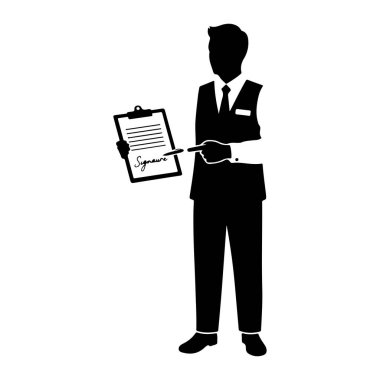 Takım elbiseli ve kravatlı siyah bir adam silueti üzerinde belge olan bir pano tutuyor. Belgedeki 