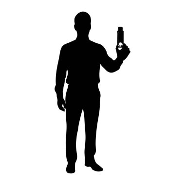 Beyaz bir arkaplana karşı duran siyah bir siluet. O uzun kollu bir gömlek ve pantolon giyiyor. Sağ kolu kaldırılmış ve elinde küçük bir elektronik cihaz var. Muhtemelen bir USB bellek ya da benzer taşınabilir bir cihaz. Şey...