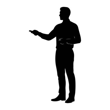 Siyah bir siluet beyaz bir arkaplanda duruyor. Sola bakıyor ve sağ eliyle küçük bir nesne tutuyor gibi görünüyor. Sol elinde de bir nesne var, muhtemelen bir tablet ya da not defteri. Resmi giyinmiş.