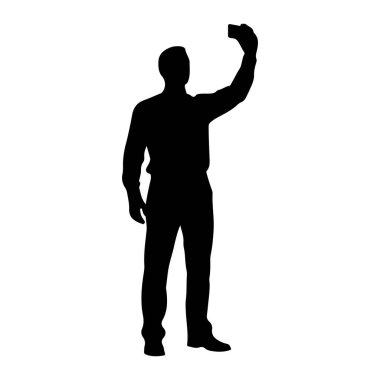 Ayakta duran ve kaldırdığı eliyle akıllı telefonu tutan bir adamın silüeti. Selfie çekiyormuş gibi görünüyor. Şekil, düz beyaz bir arkaplana karşı tasvir edilir.
