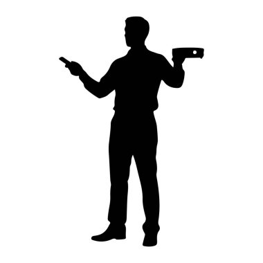 Siyah bir siluet beyaz bir arkaplanda duruyor. O, yakalı bir gömlek ve pantolon giyiyor. Sağ elinde, ileri doğru uzanan bir işaret ya da stil tutuyor. Sol elinde, dairesel bir açıklığı olan dikdörtgen bir cihaz var..