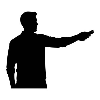 Bir adamın siyah silueti göğüsten yukarı, sağa dönük olarak tasvir edilir. O, kollarını sıvamış yakalı bir gömlek giyiyor. Sağ kolu öne doğru uzanıyor, ve elinde küçük, dikdörtgen bir nesne var, muhtemelen bir uzaktan kumanda.