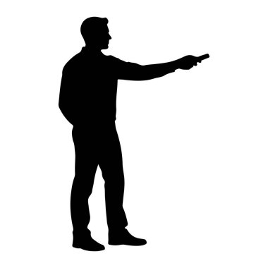 Bir adamın siyah silueti, sağ kolu açık ve muhtemelen uzaktan kumandalı küçük dikdörtgen bir nesne ile sola dönük duruyor. Sol eli cebinde duruyor. Gömlek ve pantolon giydiğini gösteren kıyafetler giyiyor. Taşralı.