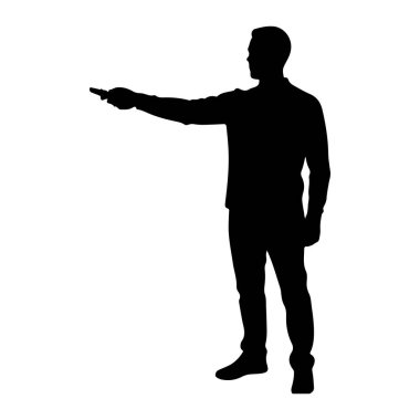 Ayakta duran ve uzaktan kumandayı ileri doğru uzatan bir adamın siyah silüeti. O yakalı bir gömlek ve pantolon giyiyor. Arkaplan düz beyaz.