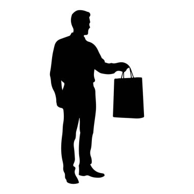 Sağ elinde alışveriş çantası tutan ve ayakta duran bir adamın siyah silueti. Adam sola bakıyor ve yakalı bir gömlek ve pantolon giyiyor gibi görünüyor. Arkaplan düz beyaz.