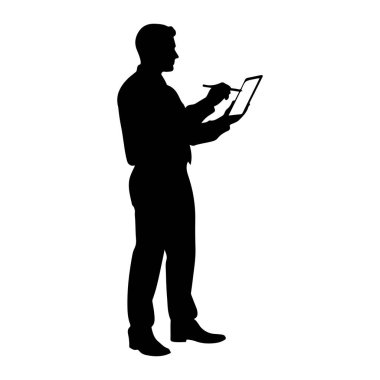 Siyah bir adam silueti sol elinde bir tablet ve sağ elinde de ekranla etkileşime girmiş gibi görünen bir stil ile sola dönük duruyor. İş kıyafeti giymiş, yakalı bir gömlek ve pantolon giymişti. Arka plan çok açık.