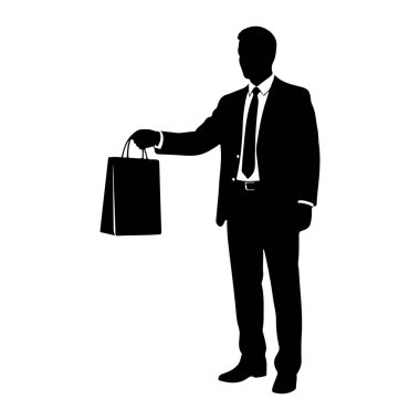 Beyaz arka planda takım elbiseli ve kravatlı bir adamın siyah silueti duruyor. Sağ elinde siyah bir alışveriş çantası tutuyor. Çantanın sapları ve dikdörtgen şeklinde. Adam tepeden tırnağa tasvir ediliyor, sol kolu gevşek bir şekilde sallanıyor. 