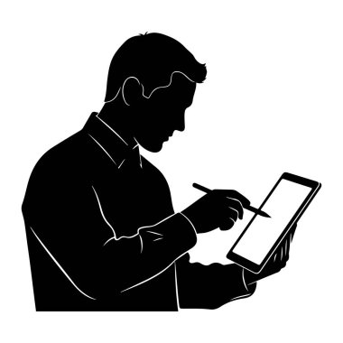 Yakalı gömlek giyen bir adamın siyah silueti profil olarak gösteriliyor, tablete bakıyor. Sağ elinde bir stil tutuyor ve ekranla etkileşime giriyor gibi görünüyor. Tablet sol elinde tutuluyor. Arkaplan beyaz.