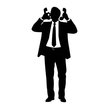 Takım elbiseli ve kravatlı bir adamın siyah silueti kulaklarına iki eski moda telefon dayamış duruyor. Şekil beyaz bir arkaplanda izole edilmiştir..