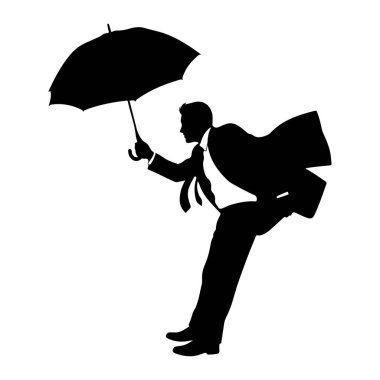Takım elbiseli ve kravatlı bir adamın siyah silueti şemsiye tutarken resmedilir. Adam öne doğru eğiliyor ve şemsiye sanki güçlü bir rüzgar tarafından engellenmiş gibi eğiliyor. Şekil, dinamik duruşu vurgulayan beyaz bir arkaplan üzerinde izole edilmiştir.