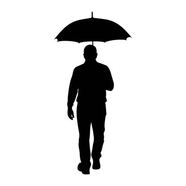 Kafasının üstünde açık bir şemsiyeyle yürüyen bir adamın siyah silueti. Şekil beyaz bir arkaplanda izole edilmiş. Adam uzun kollu ve pantolonlu gibi görünüyor. Sol kolu bükülmüş ve eli de...