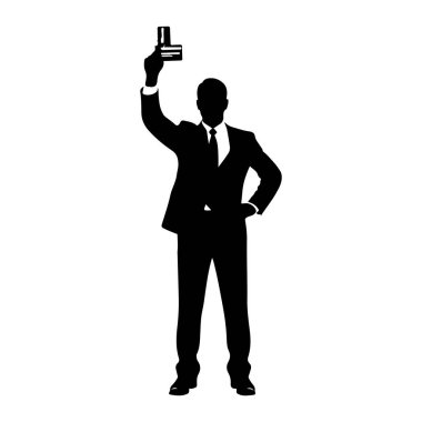 Takım elbiseli ve kravatlı bir adamın silüeti sol eli havada, elinde kredi kartıyla duruyor. Sağ eli kalçasının üzerinde. Arkaplan beyaz.