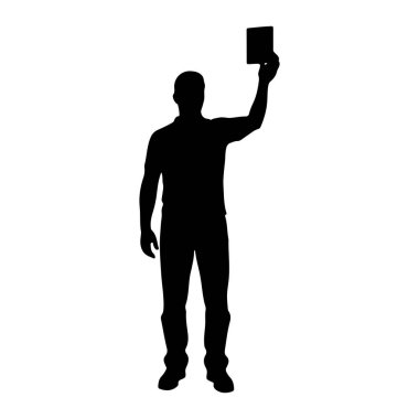 Siyah bir siluet beyaz bir arkaplanda duruyor. Günlük kıyafetler giyiyor ve sağ kolu havada, elinde dikdörtgen bir kart ya da bir nesne tutuyor. Adamın vücudu öne bakıyor ve başı hafifçe eğik..