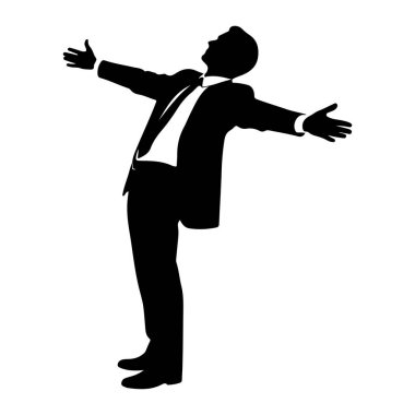 Siyah bir siluet. Takım elbiseli, kolları açık ve başı arkaya eğilmiş bir adam. O bir kravat ve beyaz bir gömlek giyiyor. Beyaz bir arkaplanda izole edilmiş olan figür, kutlama veya zafer hissi veriyor..