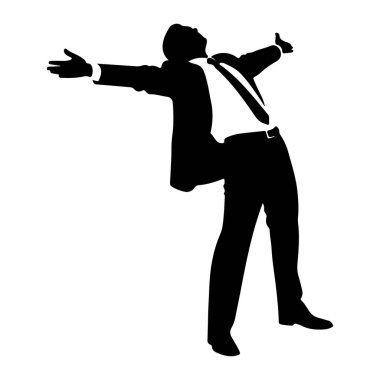 Siyah bir siluet. Takım elbiseli, kolları açık ve başı arkaya eğilmiş bir adam. O bir kravat ve beyaz bir gömlek giyiyor. Poz zafer, kutlama ya da özgürlük anlarını çağrıştırıyor. Arka plan bembeyaz..