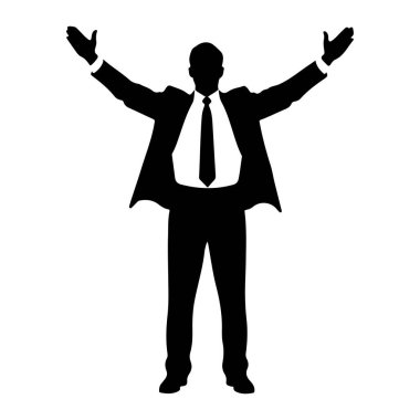 Siyah bir adam silueti kollarını açıp yukarı doğru kaldırır. Takım elbise, gömlek ve kravat giyiyor. Şekil beyaz bir arkaplanda izole edilmiştir..