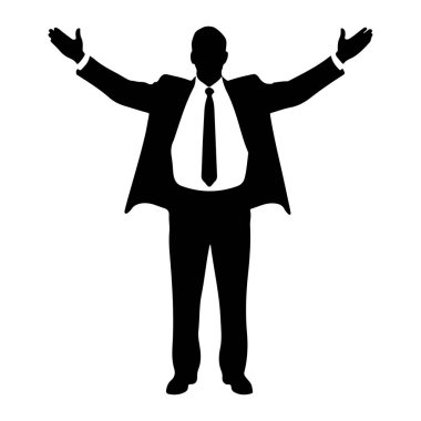 Takım elbise giyen ve kravat takan bir adamın siyah silueti kollarını yanlara doğru açmış duruyor. Şekil beyaz bir arkaplanda izole edilmiştir..