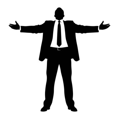 Siyah bir adam silueti kollarını yanlara doğru açmış duruyor. Kravatlı bir takım elbise giyiyor ve beyaz bir arka planda izole edilmiş gibi görünüyor. Poz açıklık, hoş geldin ya da büyük bir jest öneriyor..