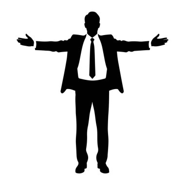 Siyah bir adam silueti kollarını yanlara doğru açmış duruyor. Kravatlı bir takım elbise giyiyor ve elleri açık. Arkaplan beyaz.