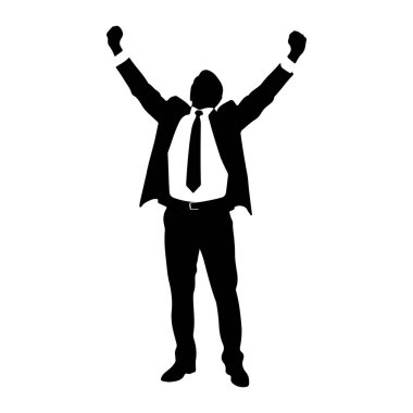 Takım elbiseli ve kravatlı bir adamın siyah silueti kutlama ya da zafer jesti olarak kaldırıldı. Şekil düz beyaz bir arkaplanda duruyor. Silüet açıkça takım elbise ceketini, gömleğini, kravatını, pantolonunu ve ayakkabılarını tanımlıyor. 