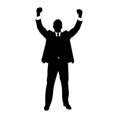 Takım elbiseli ve kravatlı bir adamın siyah silueti kollarını kaldırmış bir zafer jesti ya da beyaz bir arka plana karşı kutlama yapıyor. Bu figür tepeden tırnağa resmedilmiş ve resmi kıyafetleri sergilenmektedir..